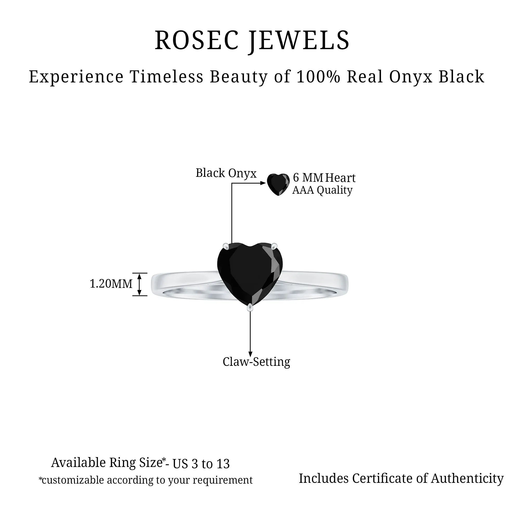 1 CT Heart Shape Black Onyx Solitaire Ring in Claw Setting