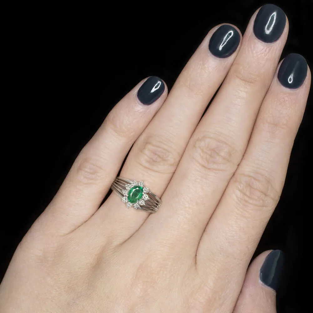 1.15c EMERALD DIAMOND COCKTAIL RING WIDE HALO NATURAL 14k WHITE GOLD ESTATE OVAL
