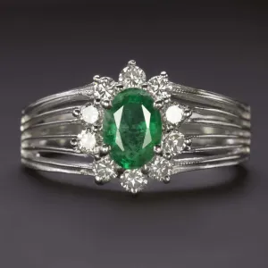 1.15c EMERALD DIAMOND COCKTAIL RING WIDE HALO NATURAL 14k WHITE GOLD ESTATE OVAL