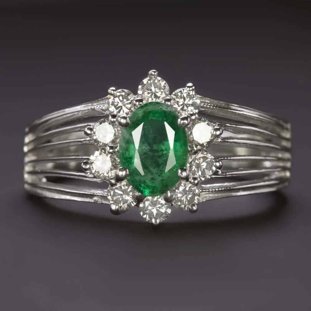 1.15c EMERALD DIAMOND COCKTAIL RING WIDE HALO NATURAL 14k WHITE GOLD ESTATE OVAL