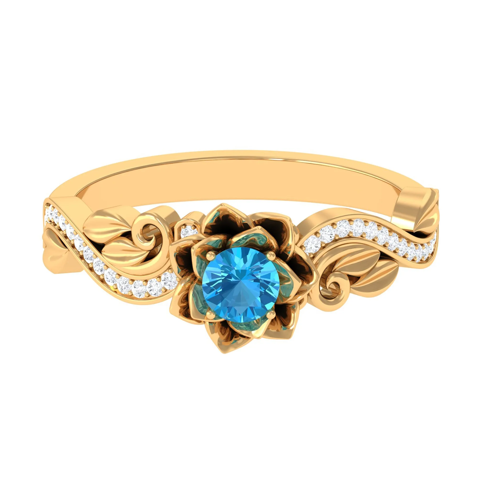 1/2 CT Floral Inspired Swiss Blue Topaz and Diamond Engagement Ring