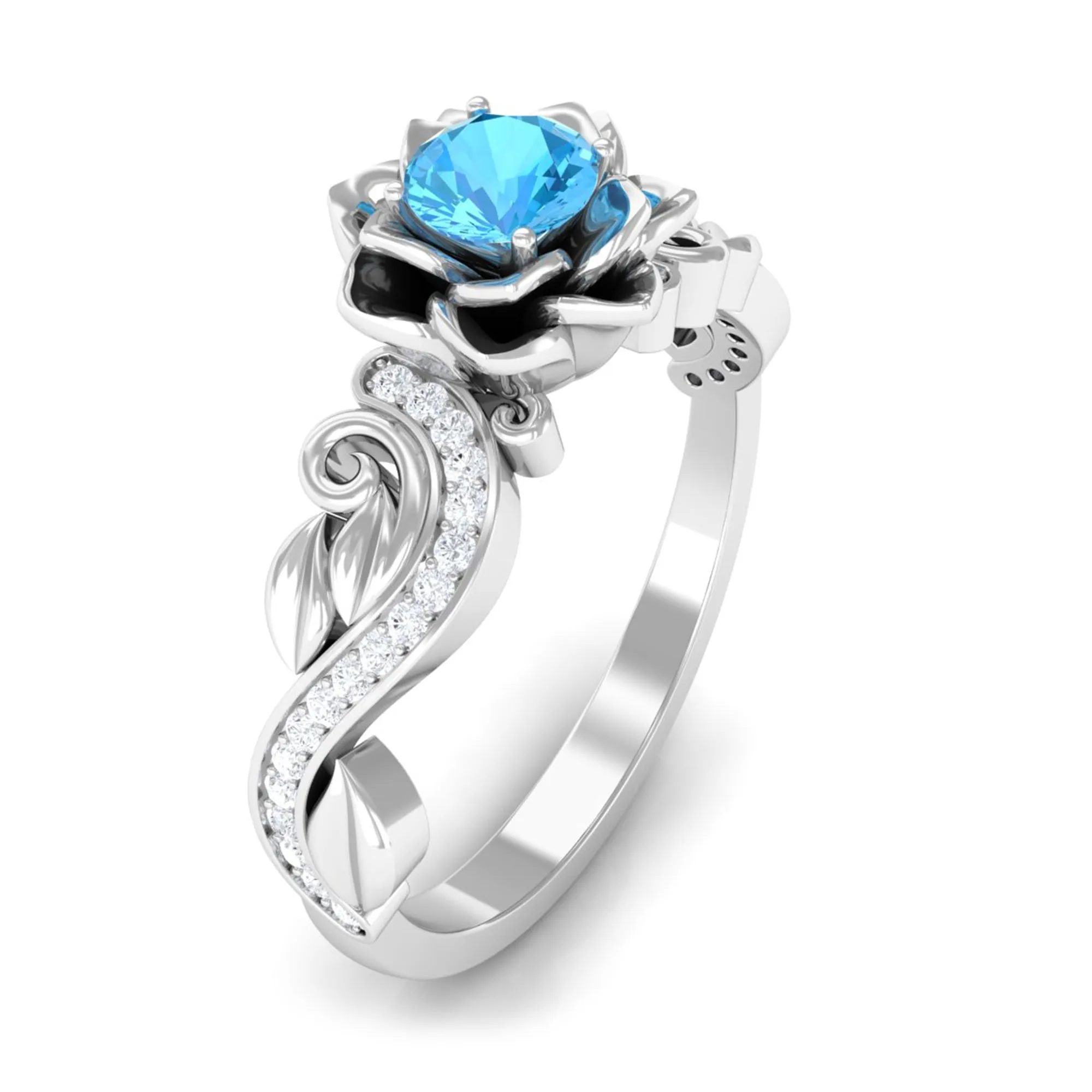 1/2 CT Floral Inspired Swiss Blue Topaz and Diamond Engagement Ring