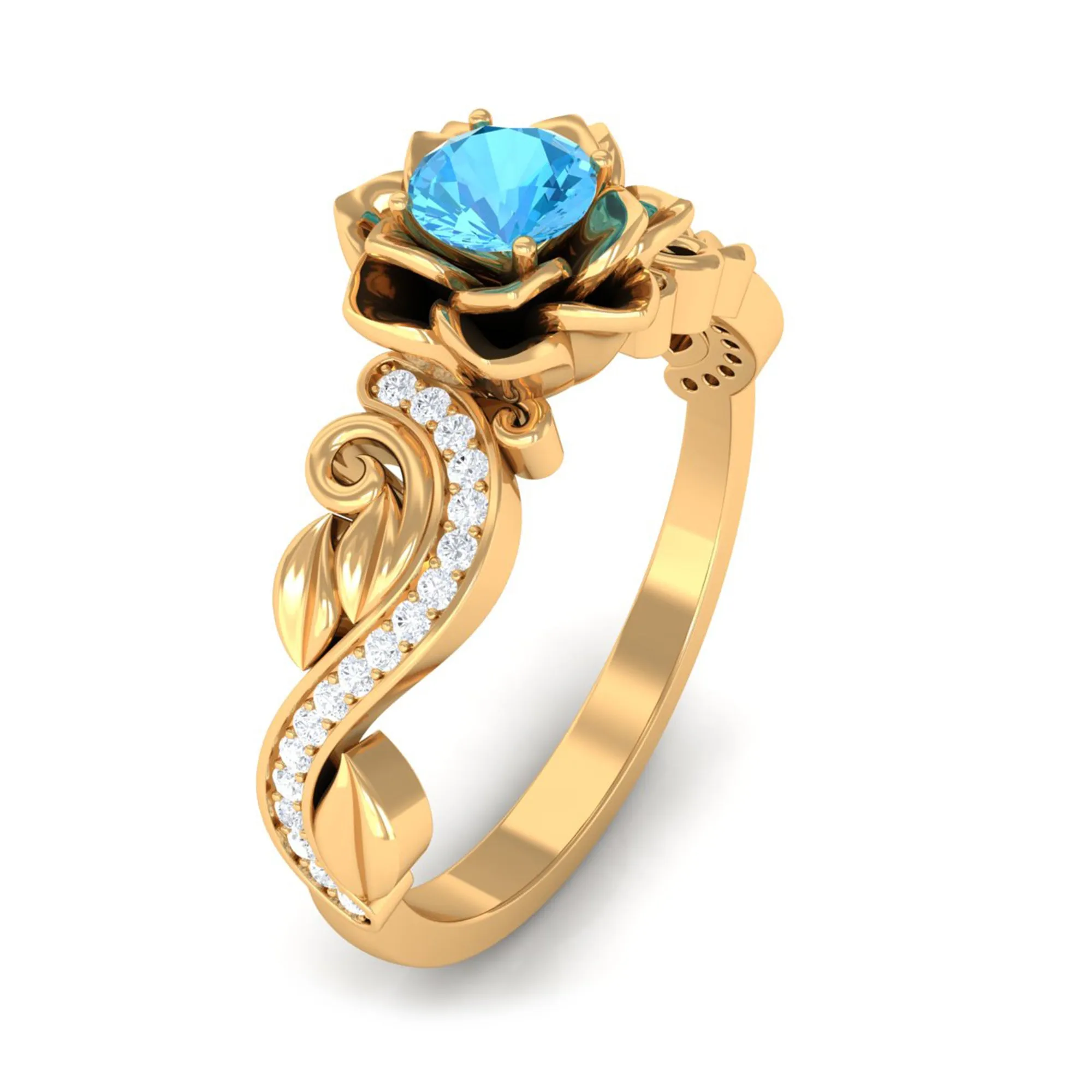 1/2 CT Floral Inspired Swiss Blue Topaz and Diamond Engagement Ring