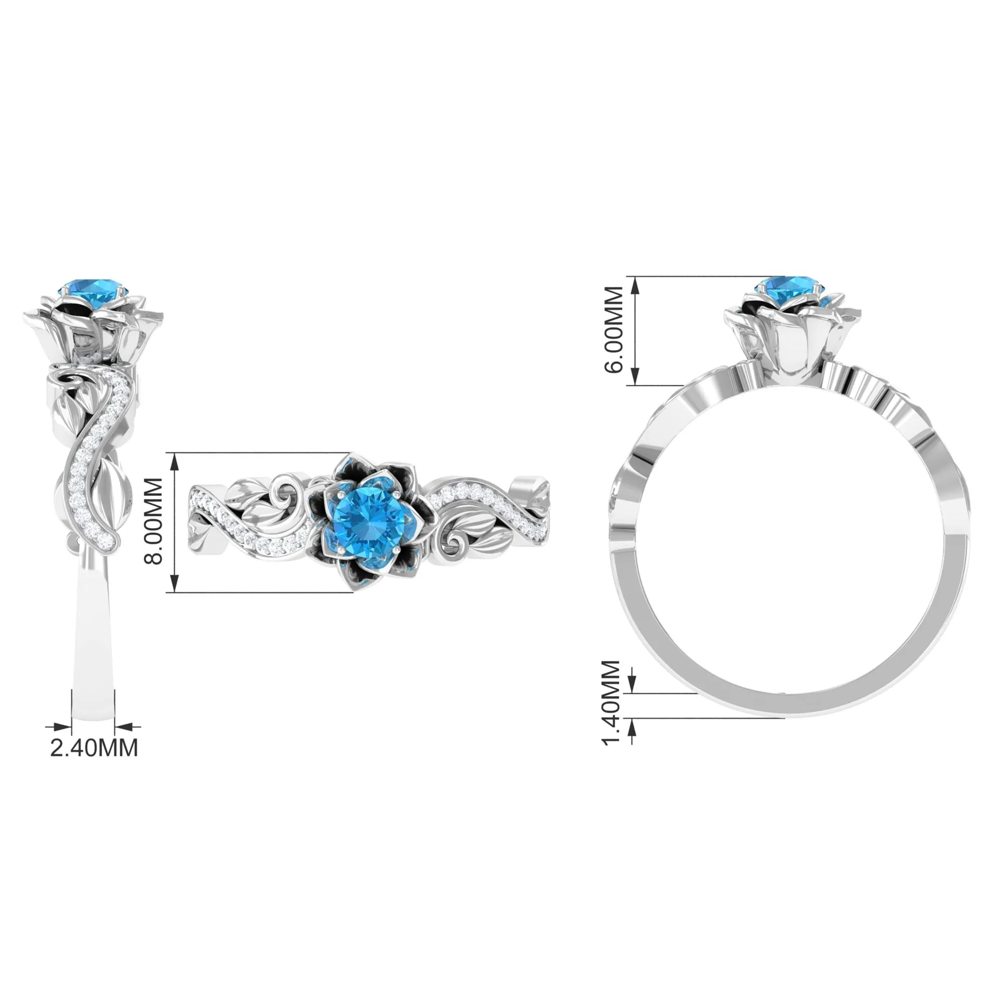 1/2 CT Floral Inspired Swiss Blue Topaz and Diamond Engagement Ring