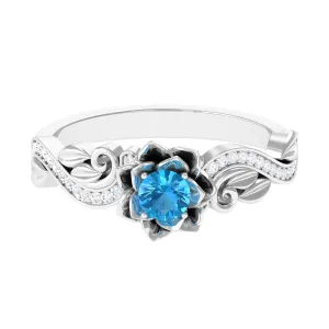 1/2 CT Floral Inspired Swiss Blue Topaz and Diamond Engagement Ring
