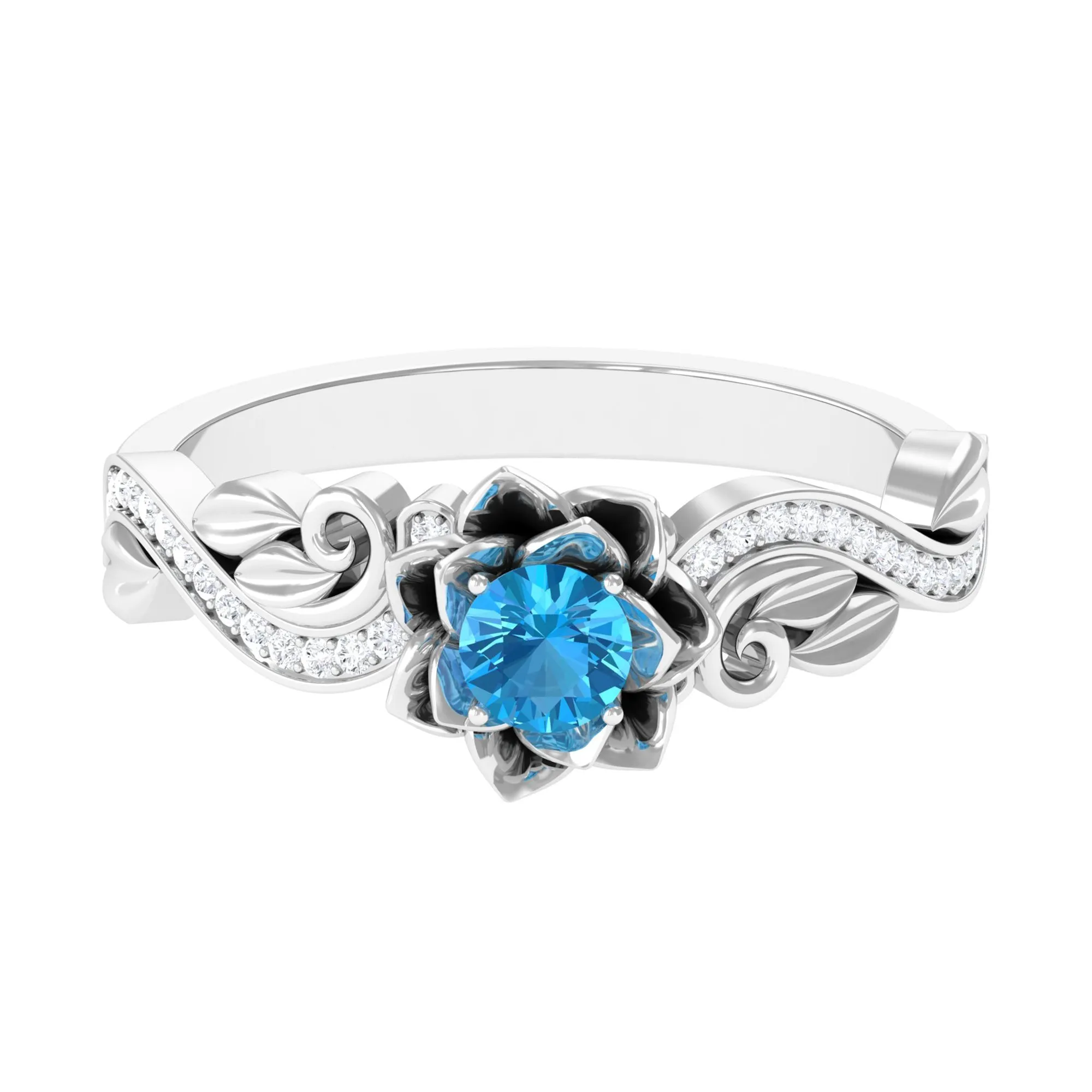 1/2 CT Floral Inspired Swiss Blue Topaz and Diamond Engagement Ring