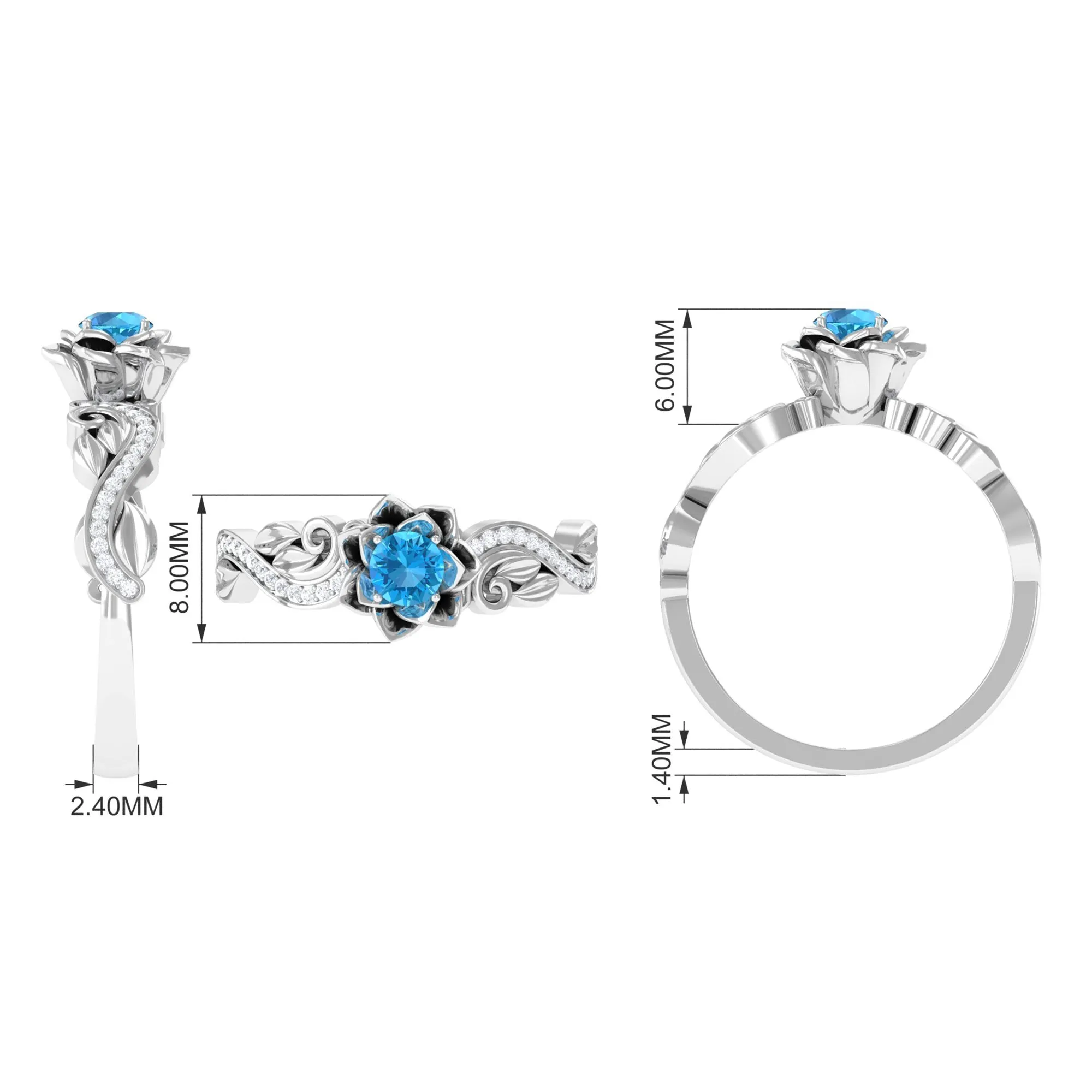 1/2 CT Floral Inspired Swiss Blue Topaz and Diamond Engagement Ring