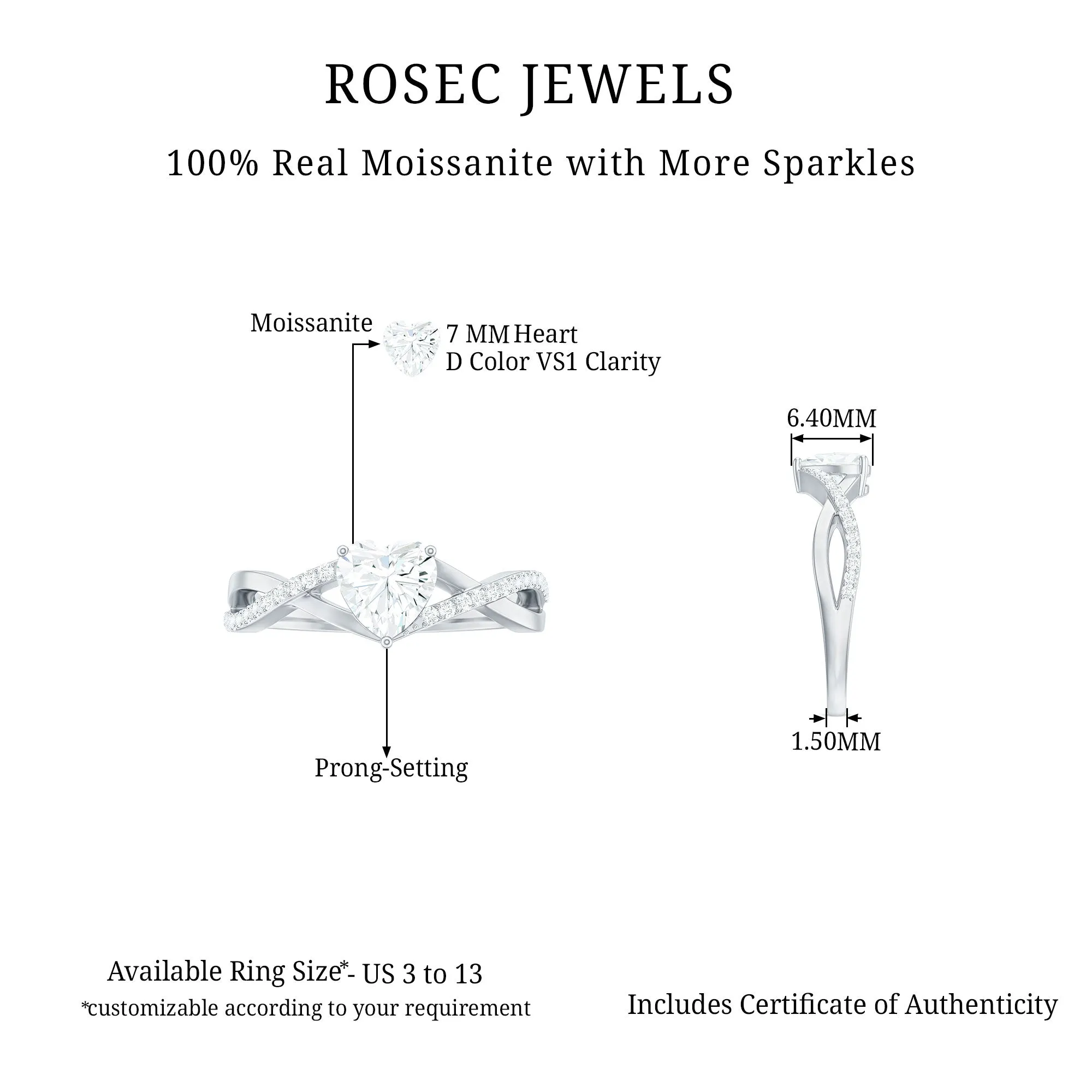 1.25 CT Heart Shape Solitaire Moissanite Crossover Engagement Ring