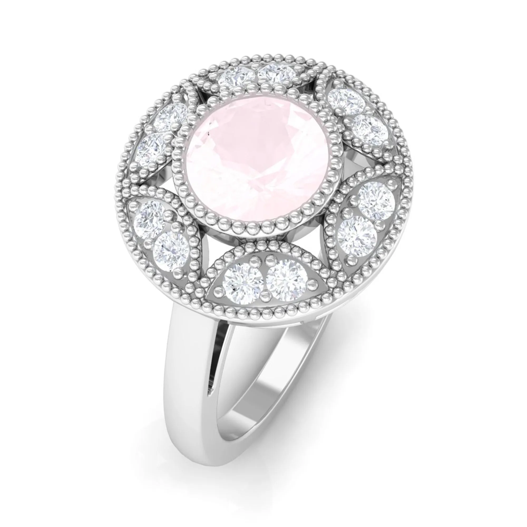 1.25 CT Round Rose Quartz and Diamond Vintage Engagement Ring
