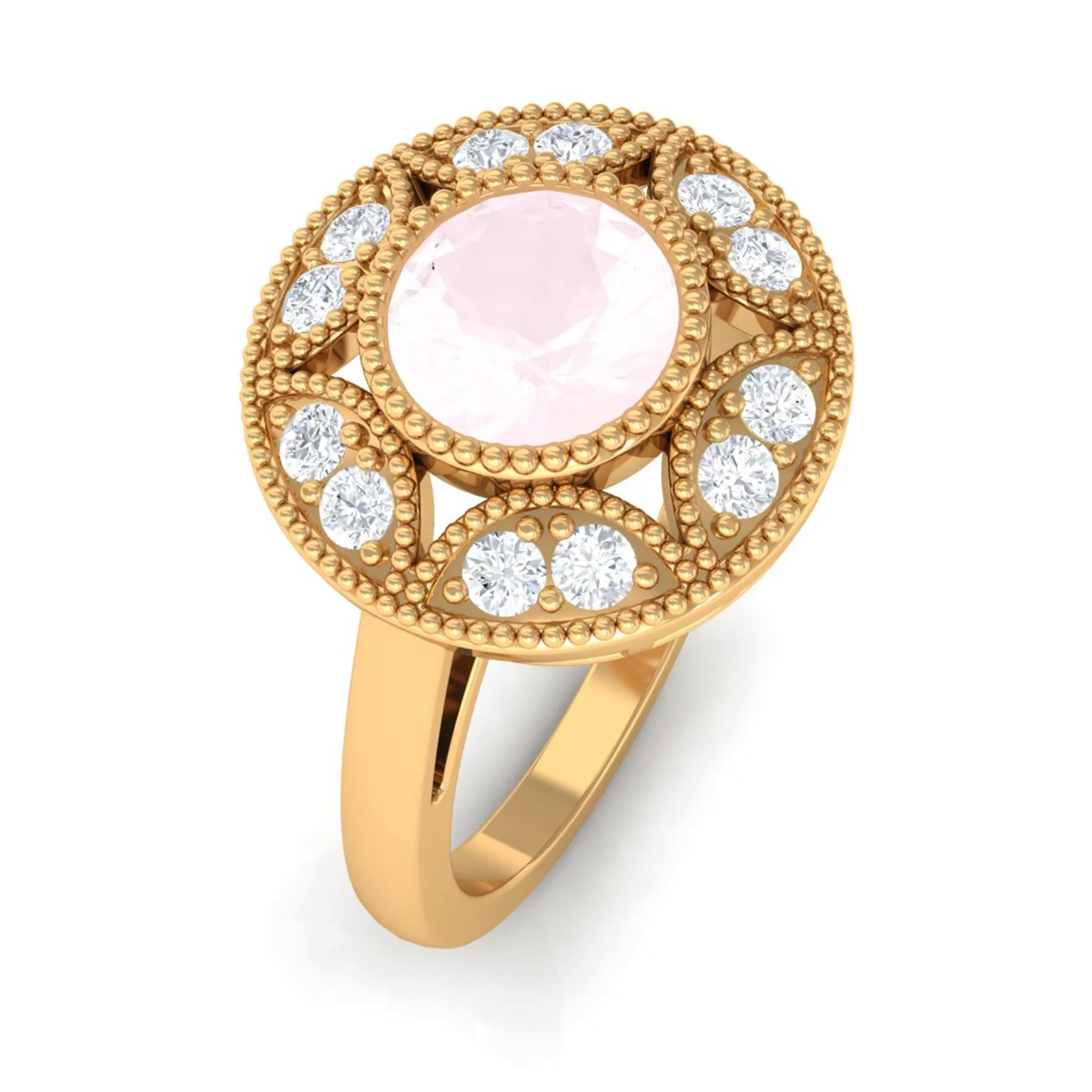 1.25 CT Round Rose Quartz and Diamond Vintage Engagement Ring
