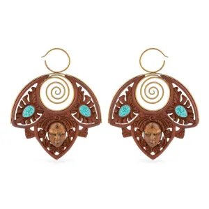 14g Spiral of Life Saba Wood Carved Earring with Crushed Turquoise Inlay and Bronze - Price Per 2