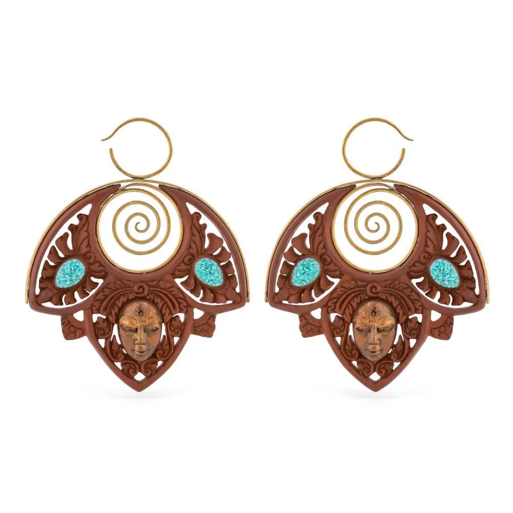 14g Spiral of Life Saba Wood Carved Earring with Crushed Turquoise Inlay and Bronze - Price Per 2