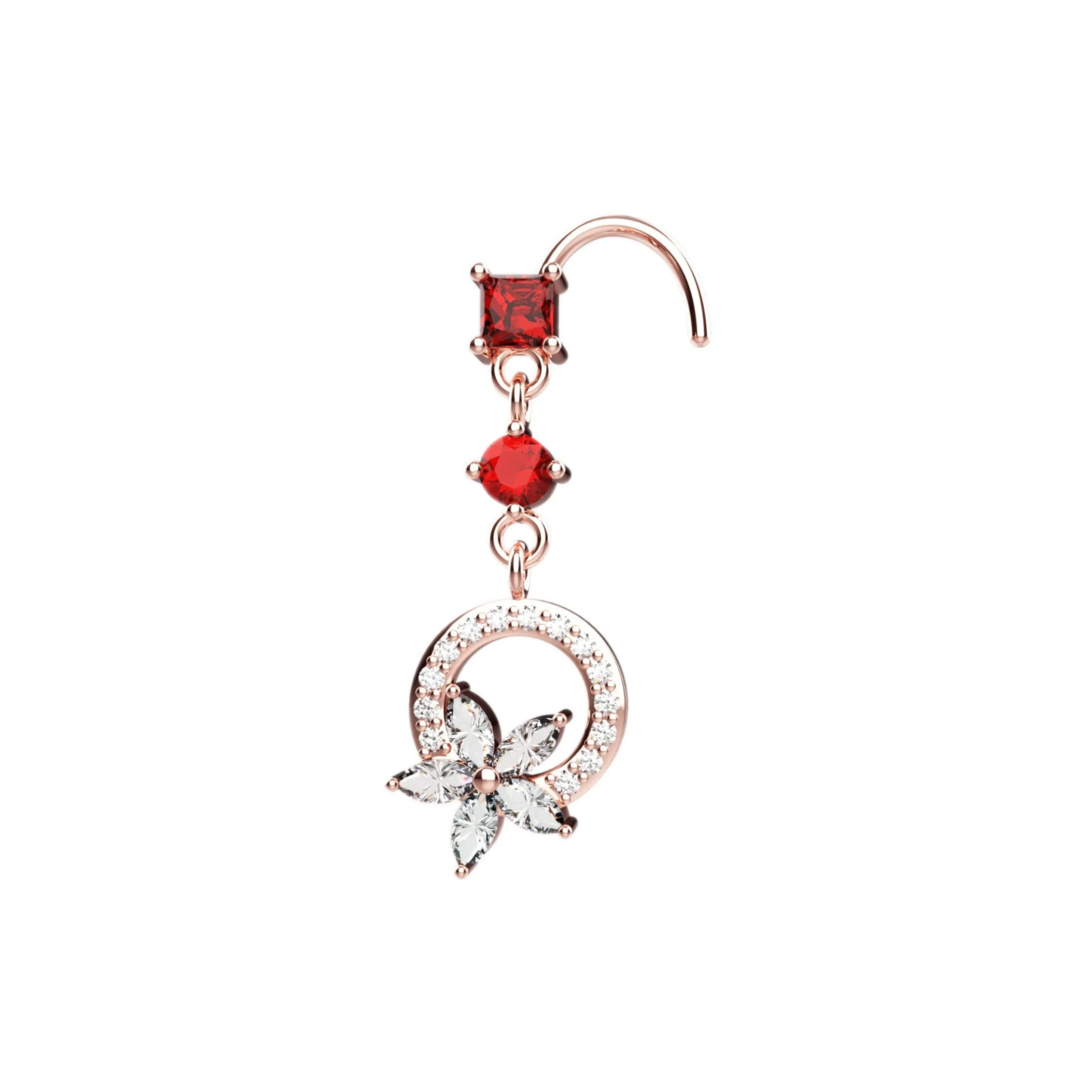 14K Dangle Garnet Gems Stud Nose Ring – Gold Nose Piercing Jewelry