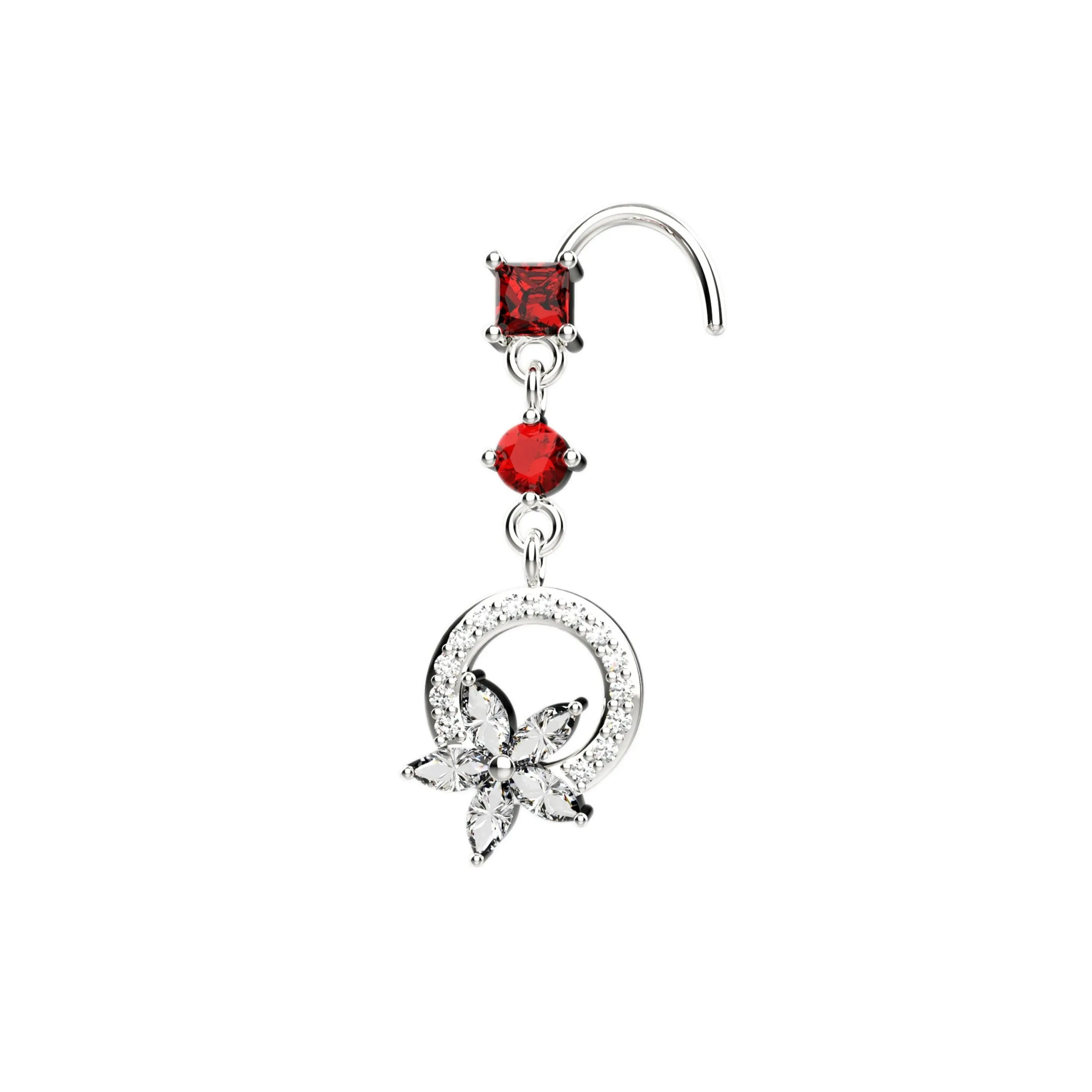 14K Dangle Garnet Gems Stud Nose Ring – Gold Nose Piercing Jewelry