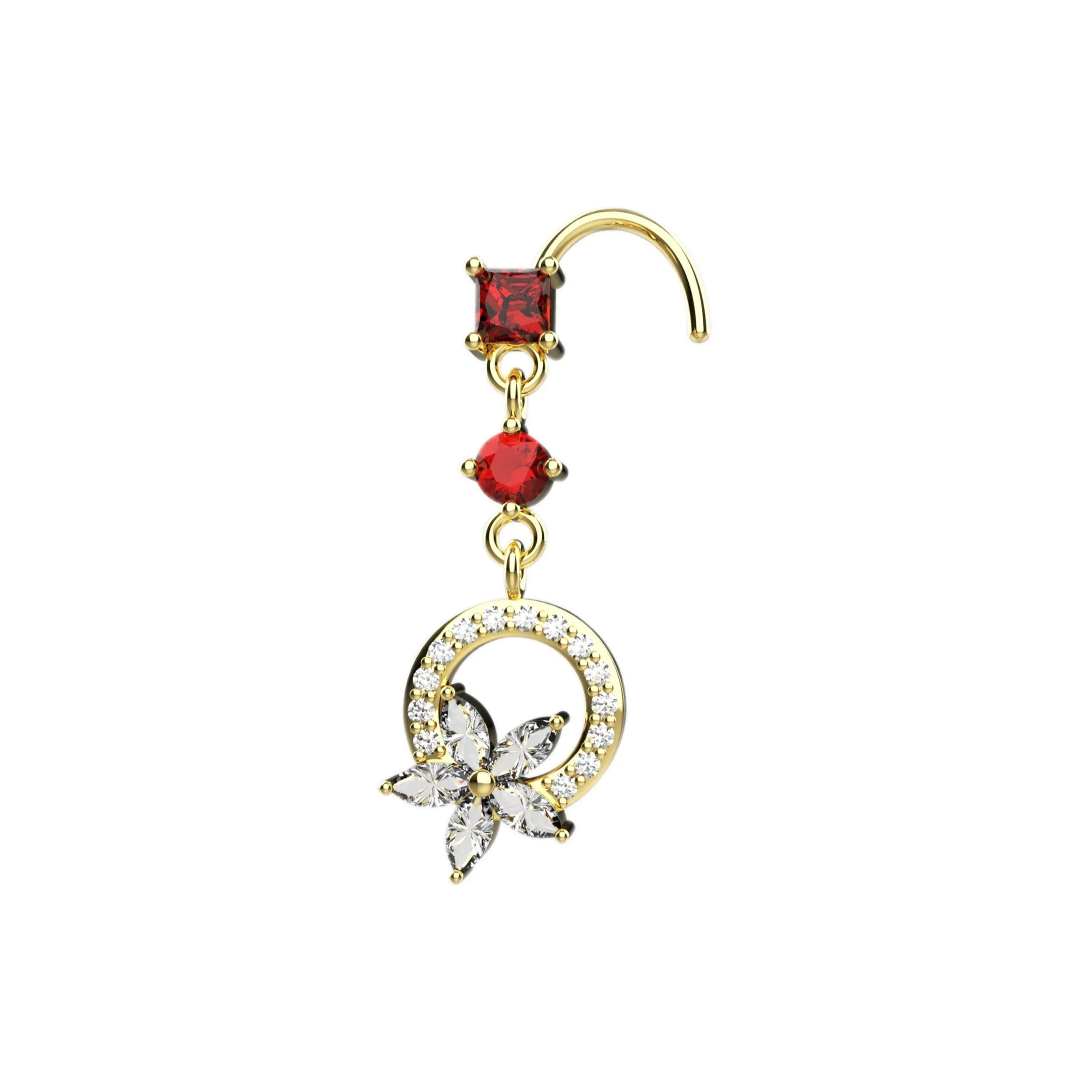 14K Dangle Garnet Gems Stud Nose Ring – Gold Nose Piercing Jewelry