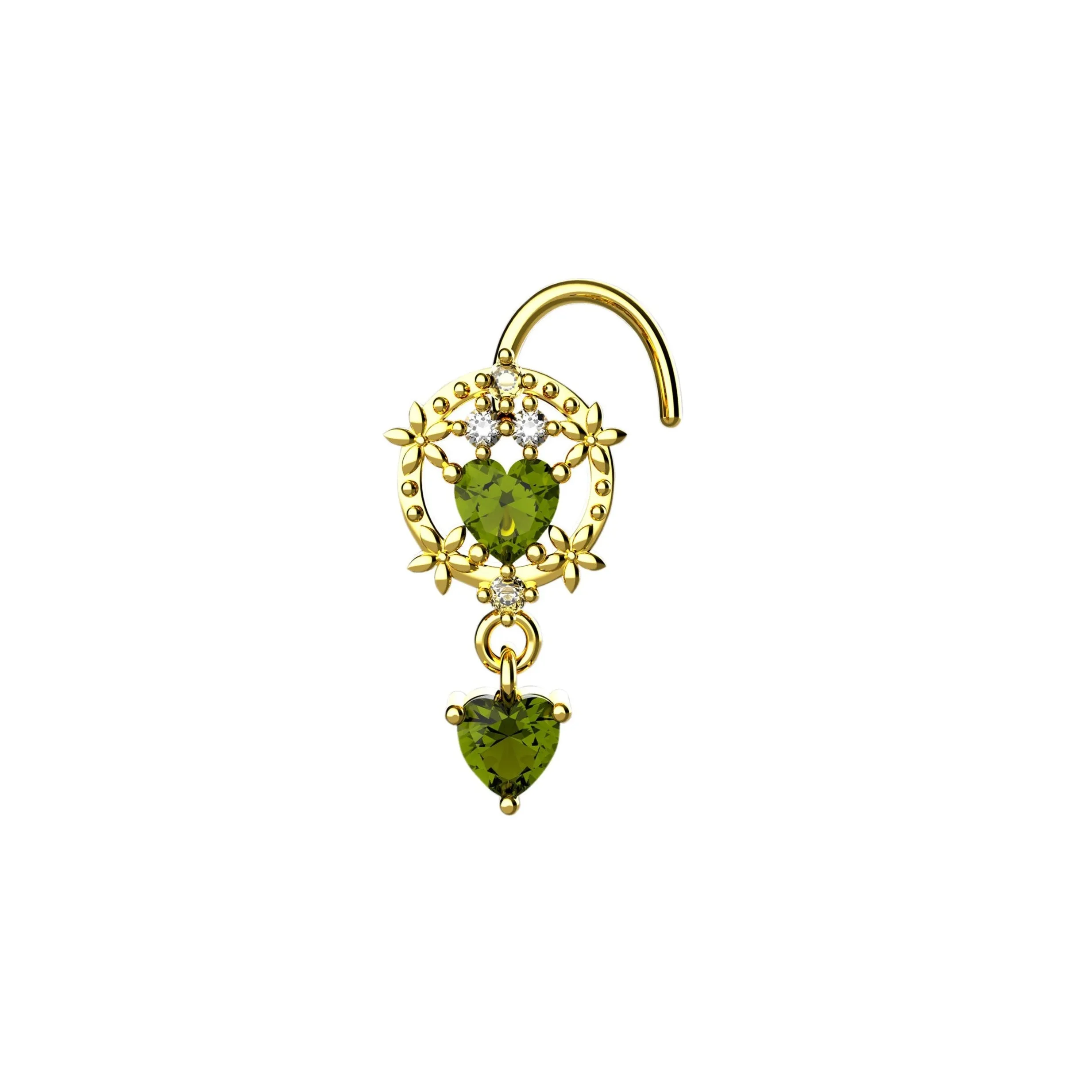 14K Double Heart Dangle Nose Piercing – Gold Nose Jewelry for Women