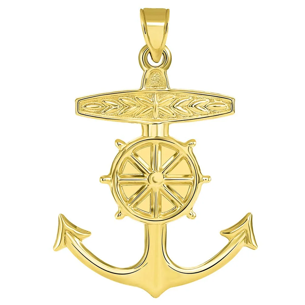 14k Gold 3D Ship Anchor and Wheel Nautical Pendant Figaro Necklace - Yellow Gold