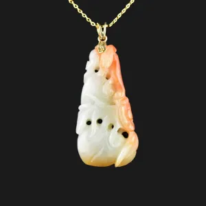 14K Gold Carved White and Red Jade Pendant Necklace