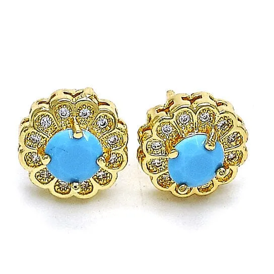 14k Gold Filled High Polish Finsh Turquoise Flower Stud Earring with Micro Pave