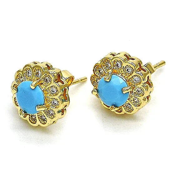 14k Gold Filled High Polish Finsh Turquoise Flower Stud Earring with Micro Pave