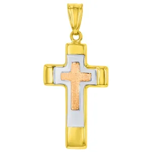 14K Rose & Yellow Gold Tricolor Religious Cross Charm Pendant