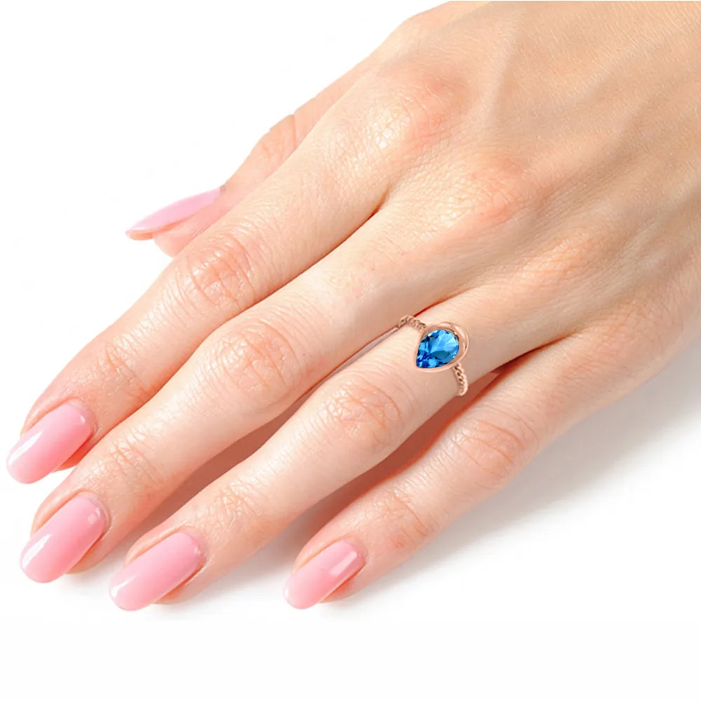 14K Solid Rose Gold Rings w/ Natural Pear Shape Blue Topaz