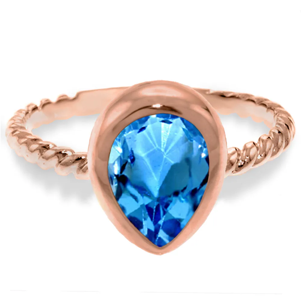 14K Solid Rose Gold Rings w/ Natural Pear Shape Blue Topaz