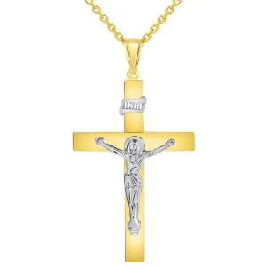 14k Two-Tone Gold 4mm Thick INRI Tubular Cross Roman Catholic Crucifix Pendant Necklace