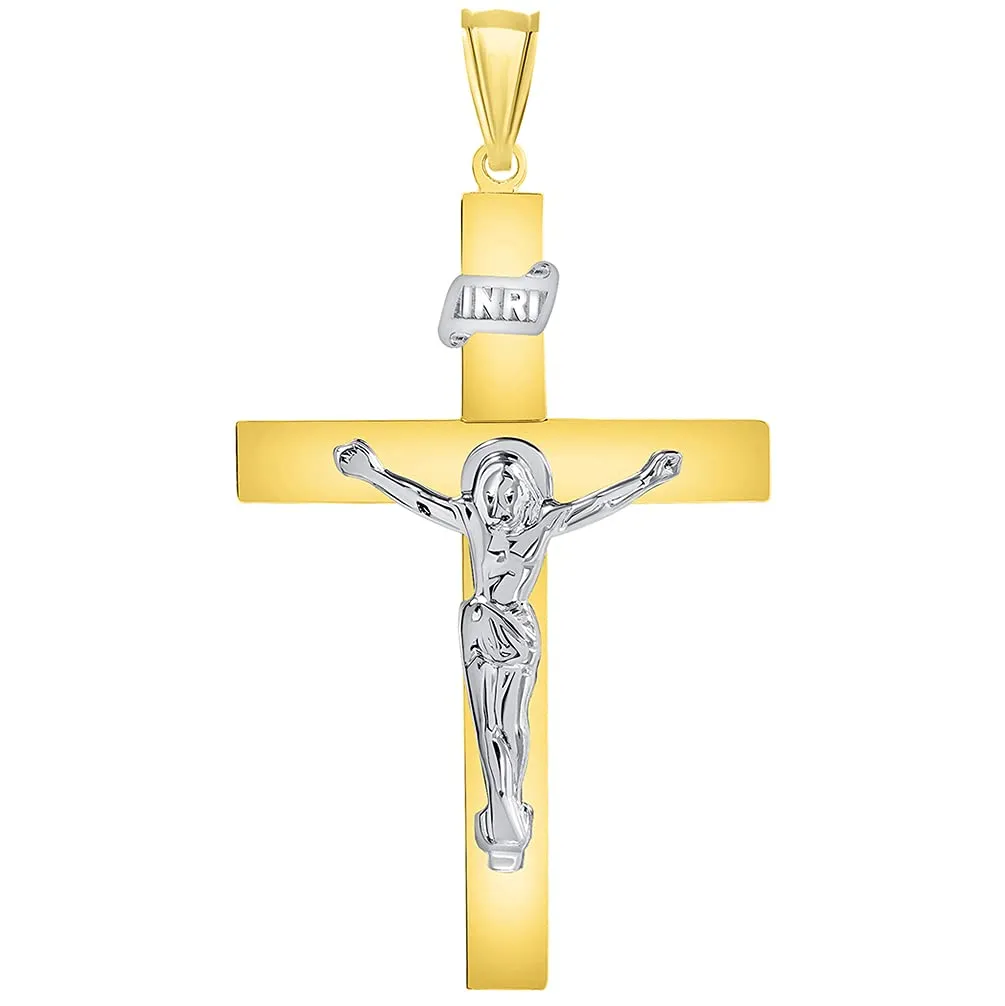 14k Two-Tone Gold 4mm Thick INRI Tubular Cross Roman Catholic Crucifix Pendant Necklace