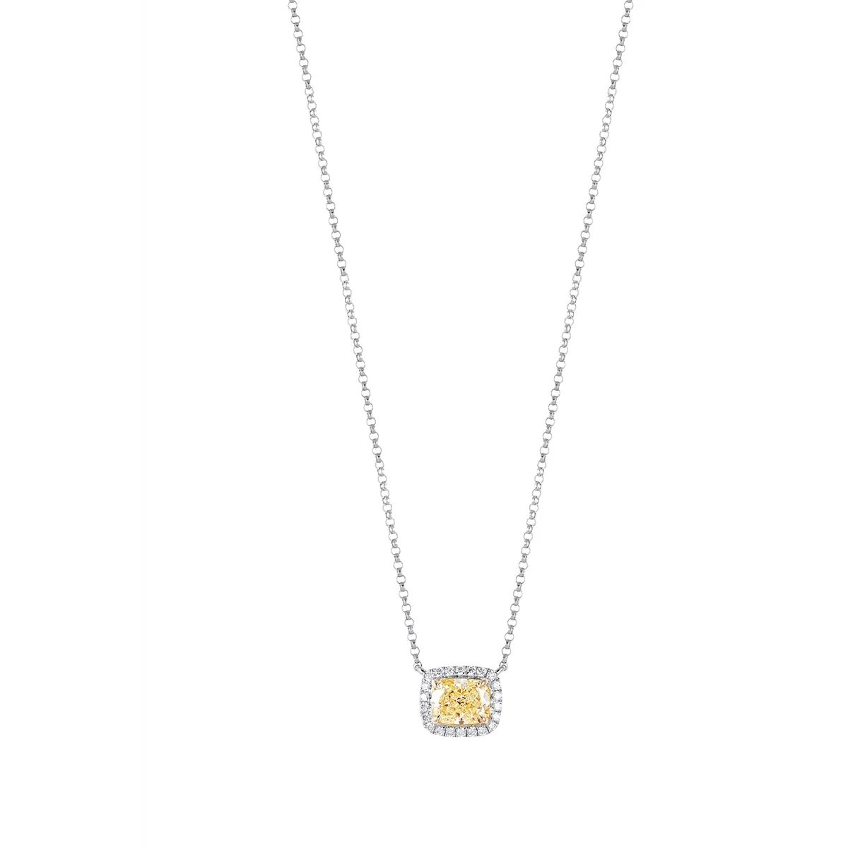 14K White and Yellow Gold Cushion Fancy Yellow Diamond with Halo Pendant Necklace