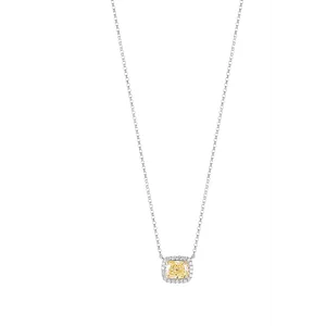 14K White and Yellow Gold Cushion Fancy Yellow Diamond with Halo Pendant Necklace