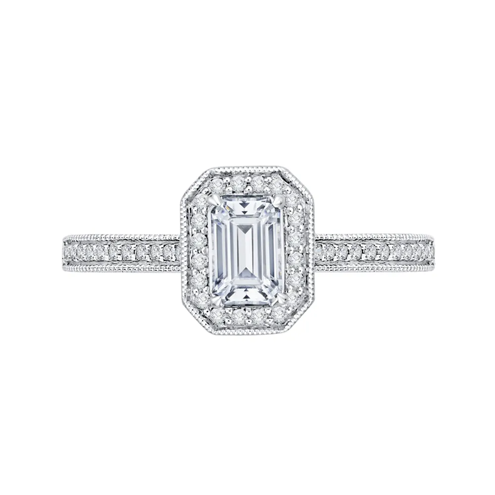 14K White Gold Emerald Diamond Halo Engagement Ring