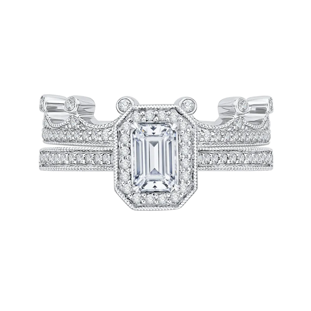 14K White Gold Emerald Diamond Halo Engagement Ring