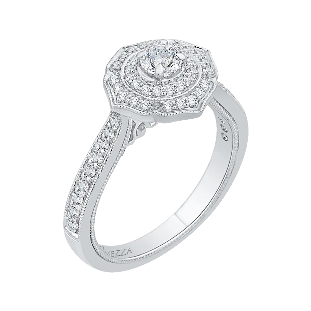 14K White Gold Round Diamond Double Halo Floral Engagement Ring