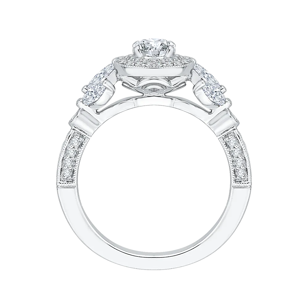14K White Gold Round Diamond Double Halo Floral Engagement Ring