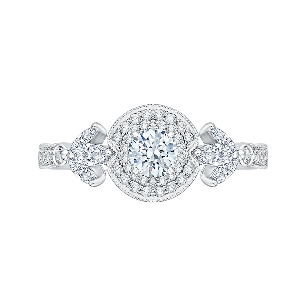 14K White Gold Round Diamond Double Halo Floral Engagement Ring