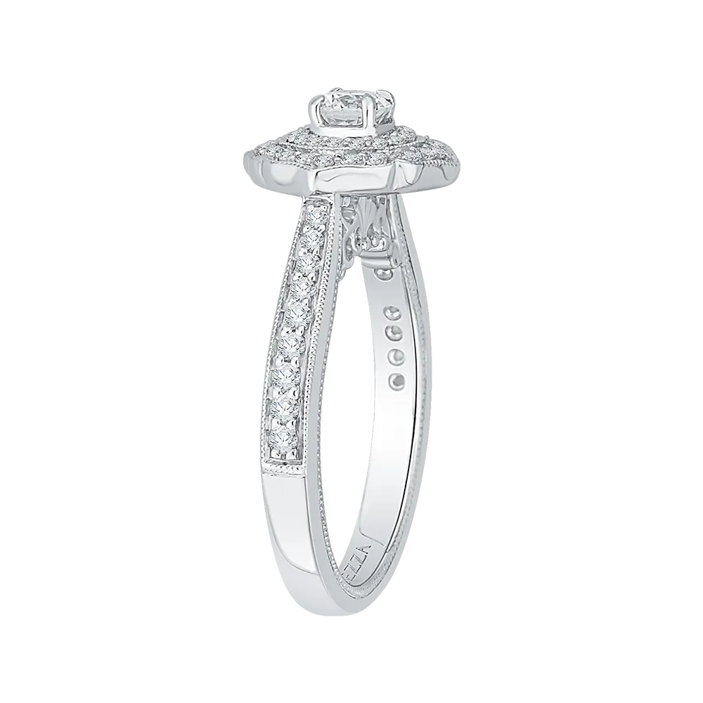 14K White Gold Round Diamond Double Halo Floral Engagement Ring