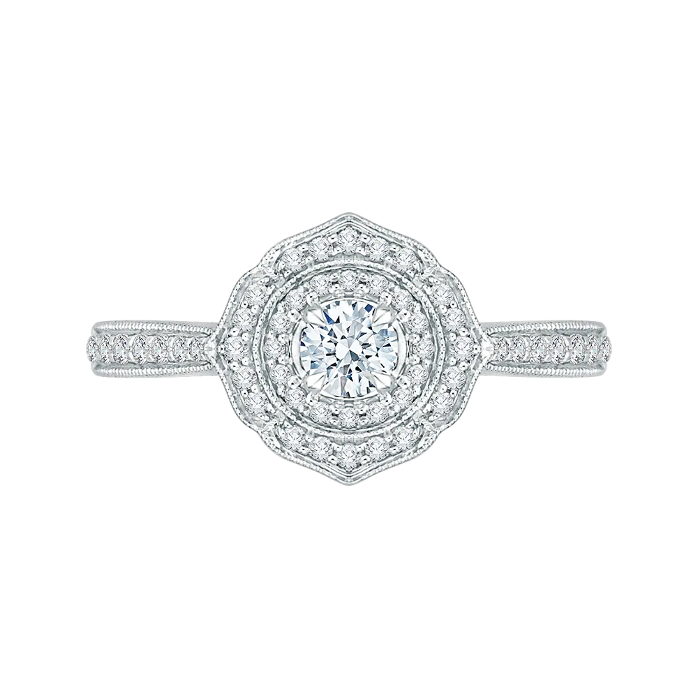 14K White Gold Round Diamond Double Halo Floral Engagement Ring