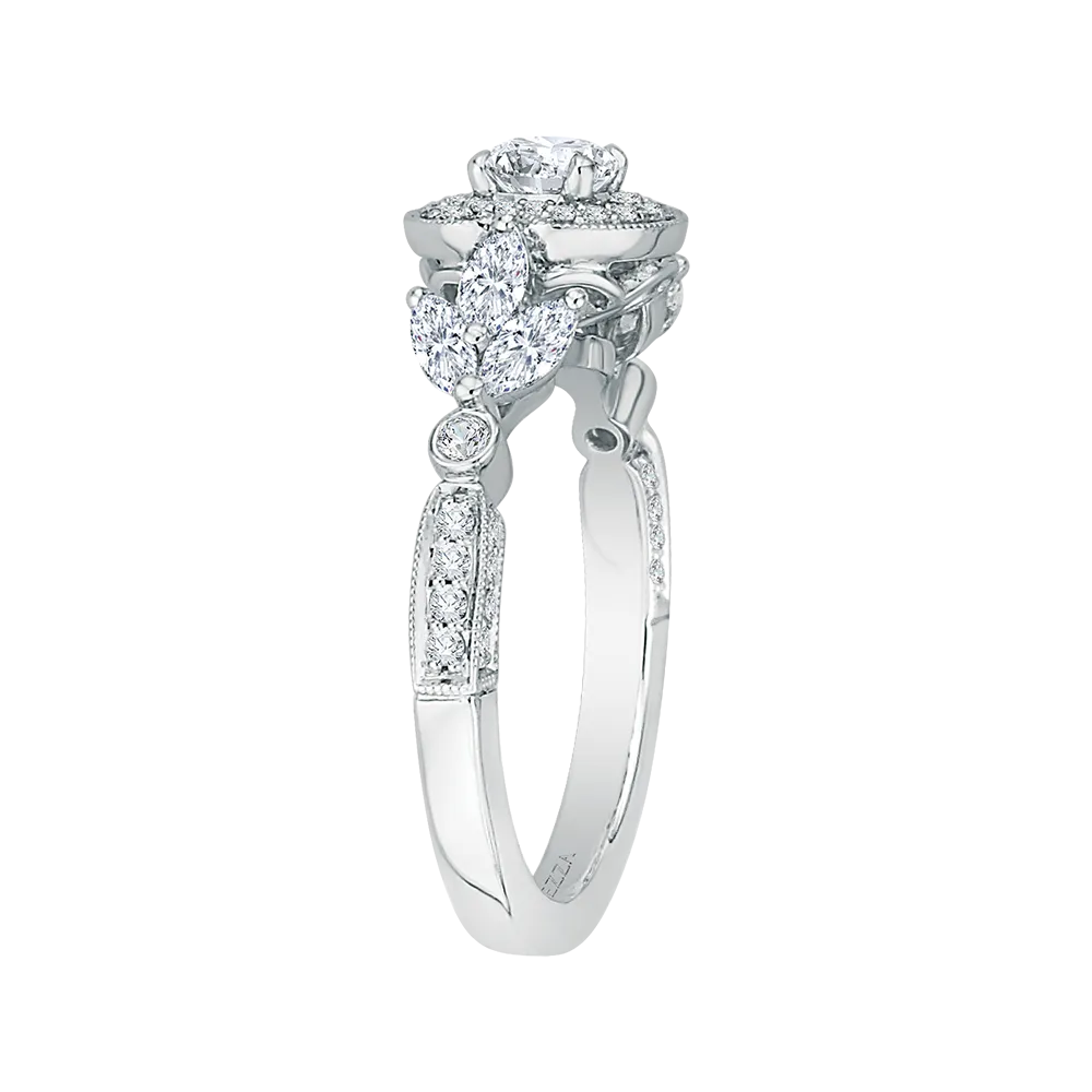 14K White Gold Round Diamond Double Halo Floral Engagement Ring