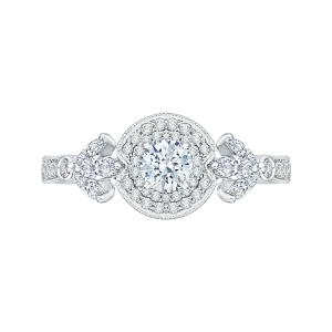 14K White Gold Round Diamond Double Halo Floral Engagement Ring