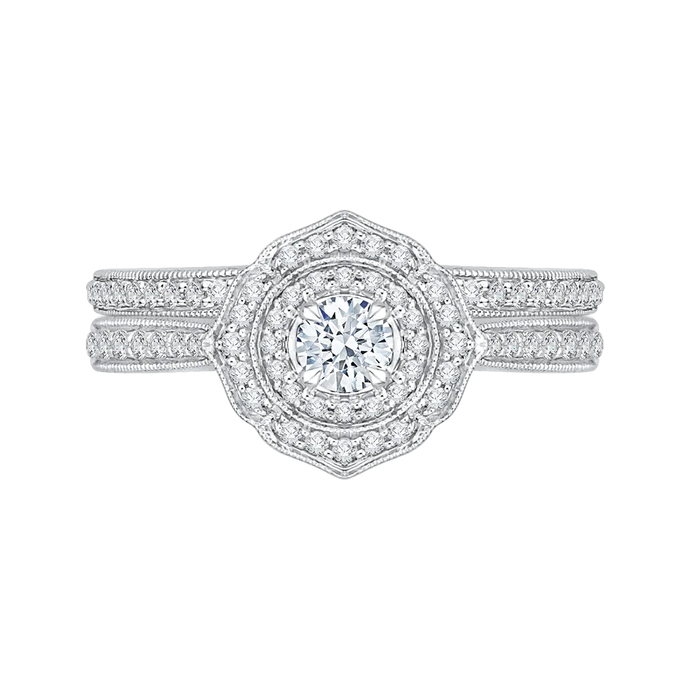 14K White Gold Round Diamond Double Halo Floral Engagement Ring