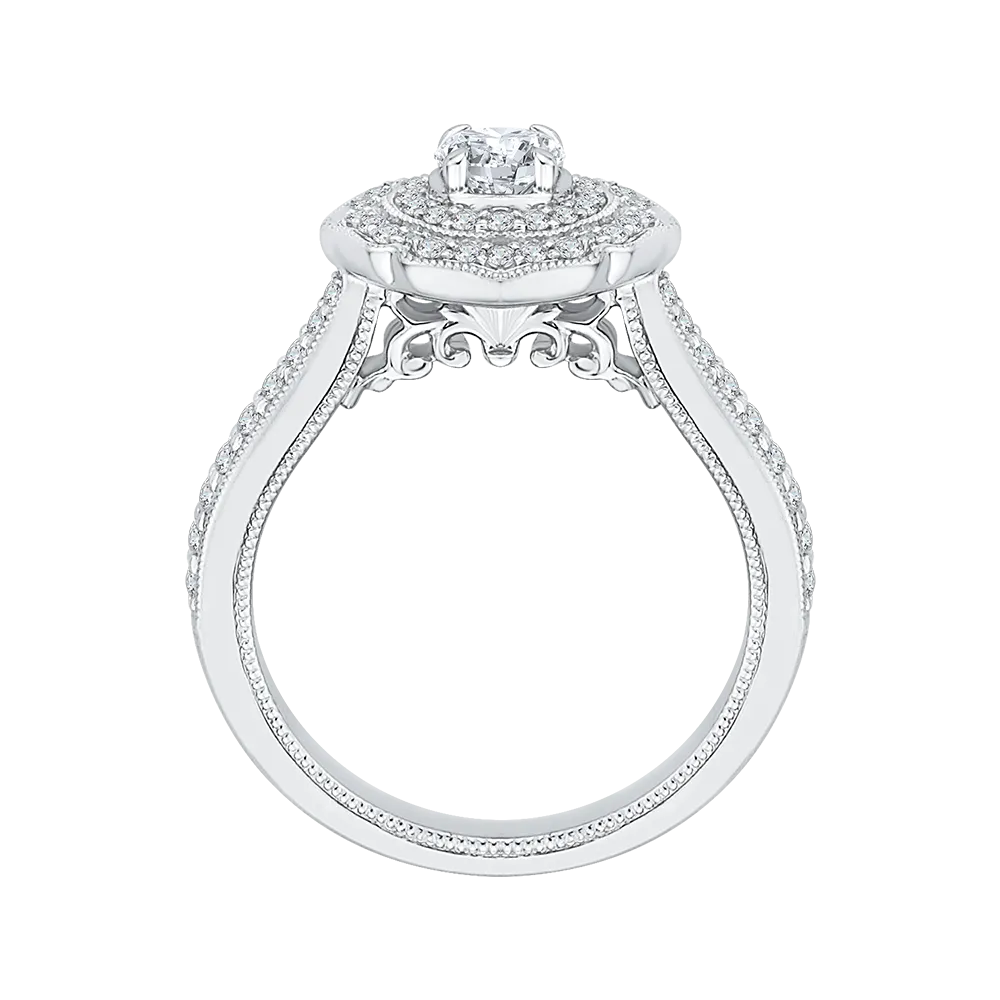 14K White Gold Round Diamond Double Halo Floral Engagement Ring