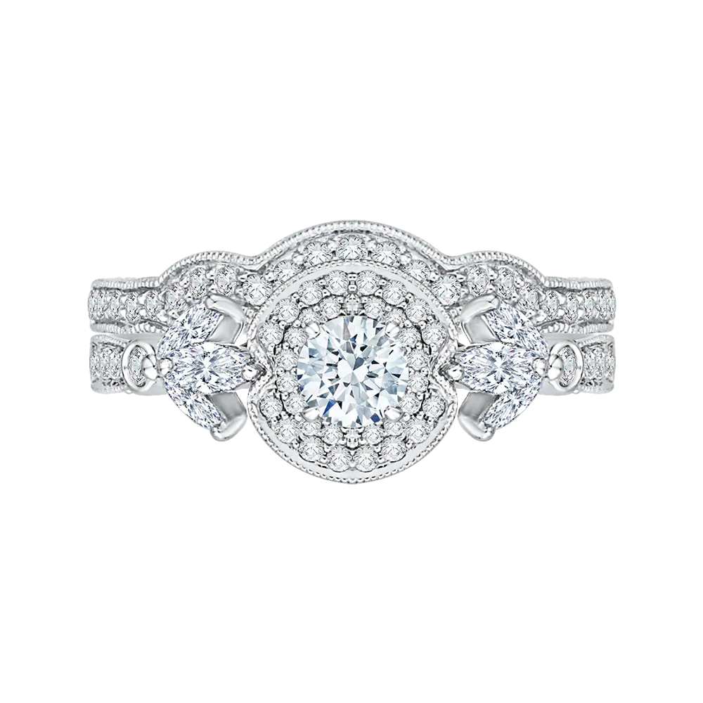 14K White Gold Round Diamond Double Halo Floral Engagement Ring