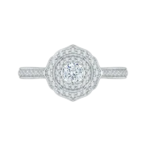 14K White Gold Round Diamond Double Halo Floral Engagement Ring