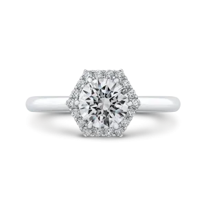 14K White Gold Round Diamond Hexagon Shape Halo Engagement Ring (Semi Mount)