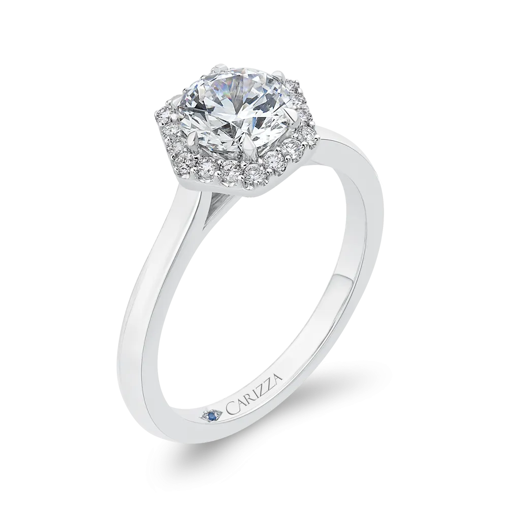 14K White Gold Round Diamond Hexagon Shape Halo Engagement Ring (Semi Mount)