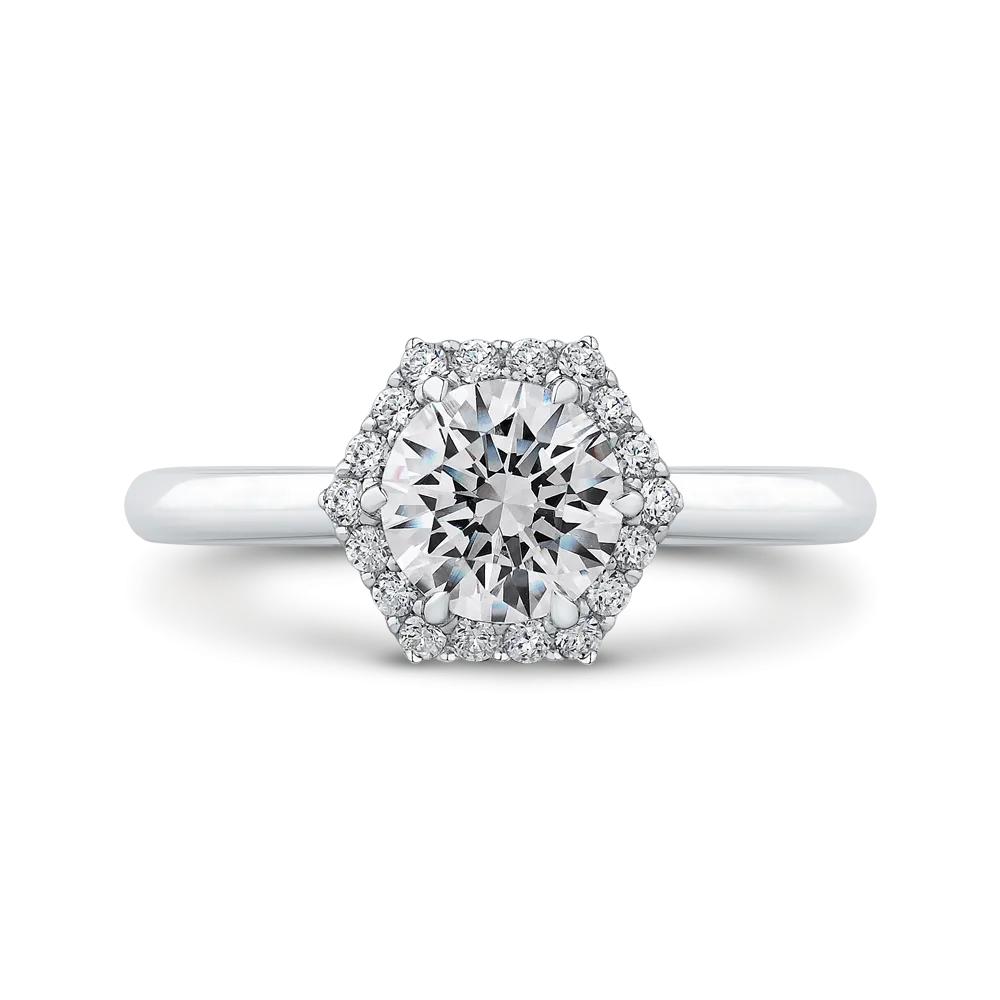 14K White Gold Round Diamond Hexagon Shape Halo Engagement Ring (Semi Mount)