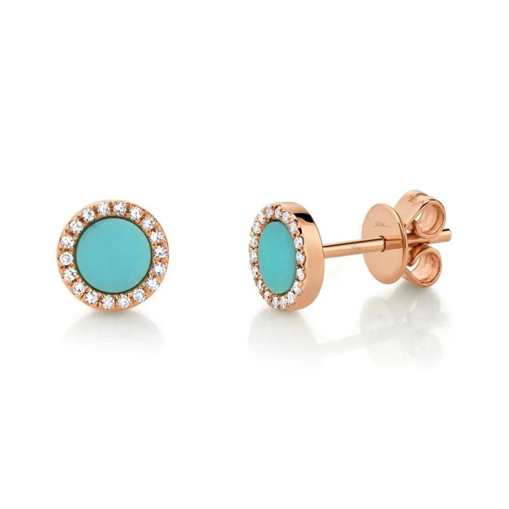 14KT GOLD .47 CTW TURQUOISE & .08 CTW DIAMOND HALO EARRINGS