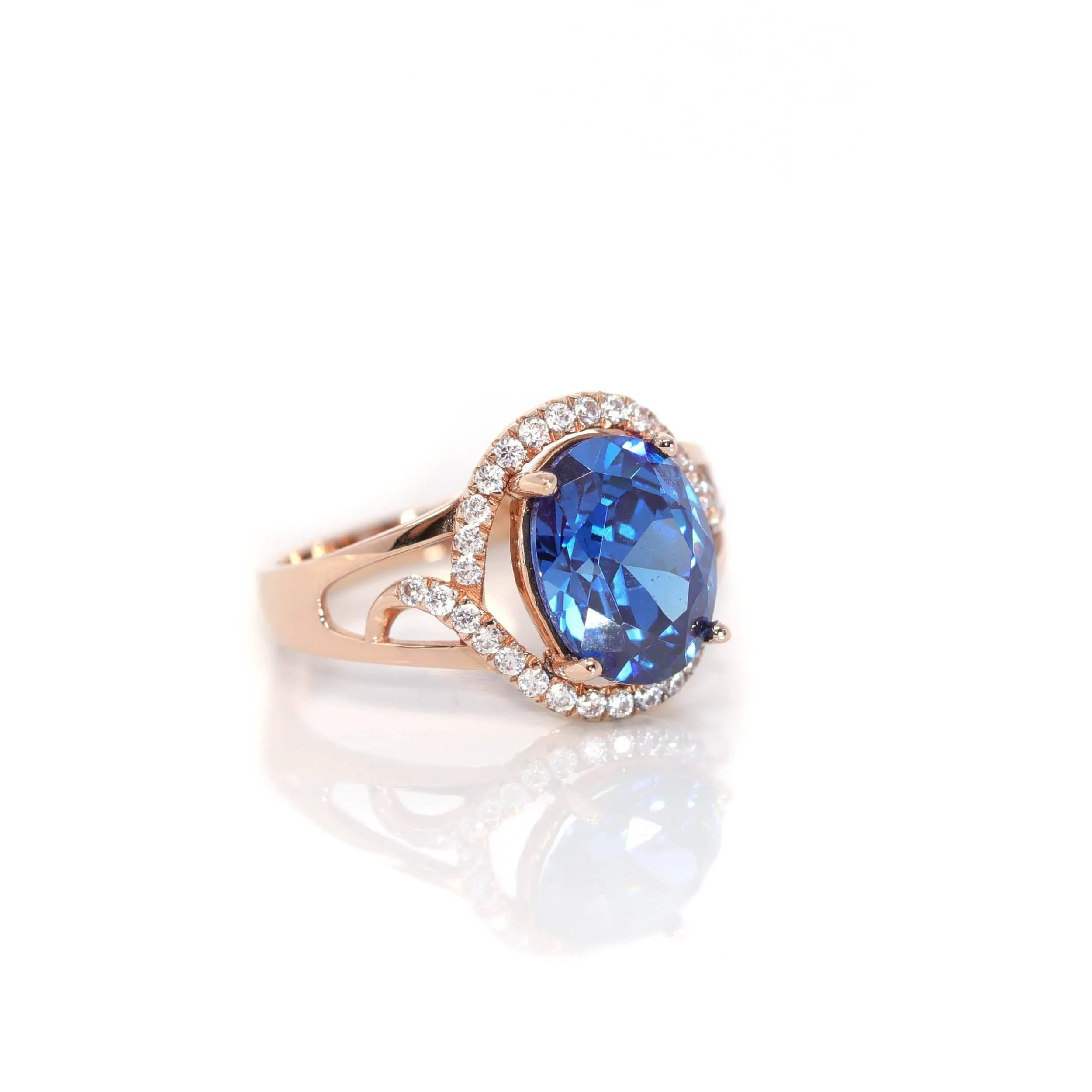 18k Rose Gold Lab-Created Blue Sapphire Ring With CZ