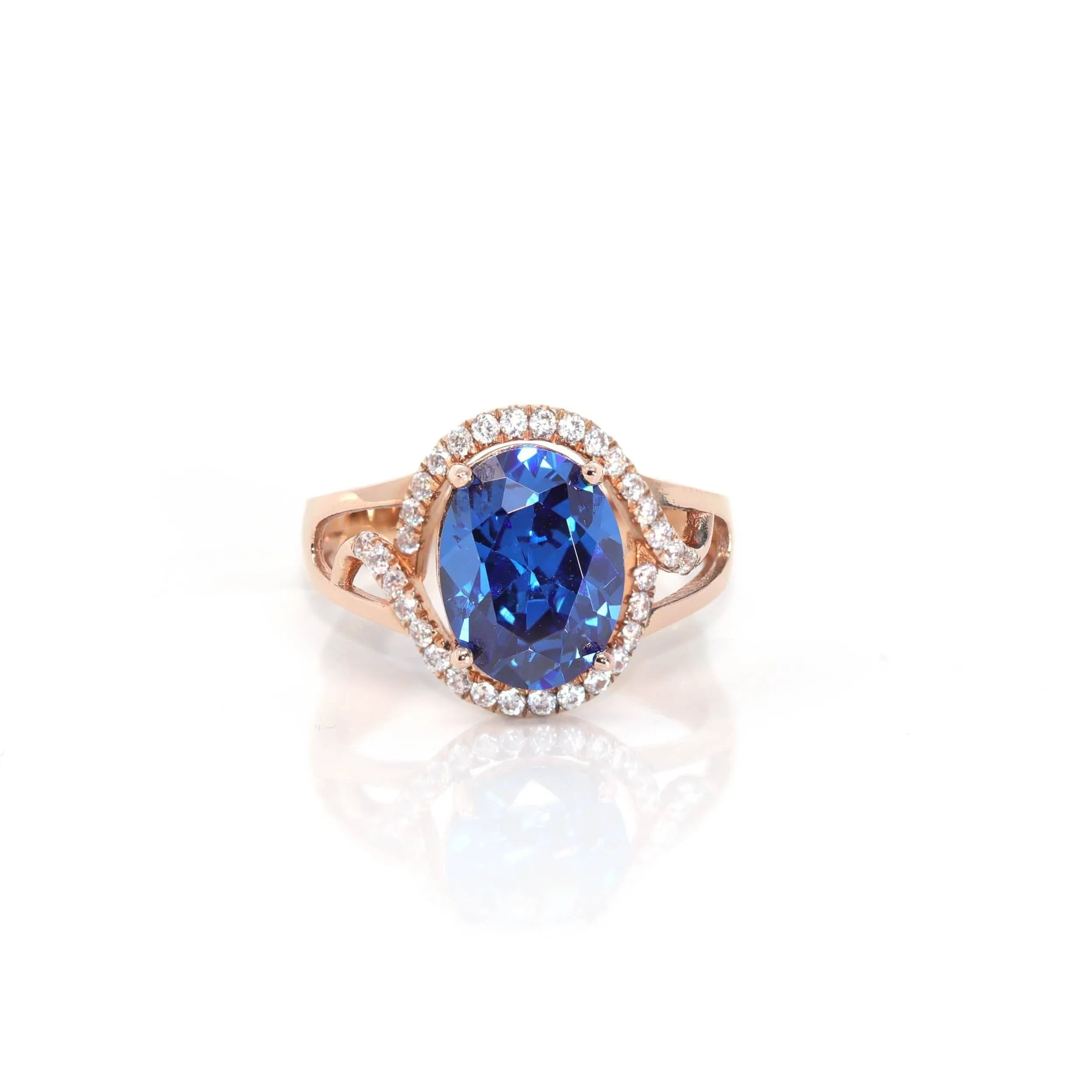 18k Rose Gold Lab-Created Blue Sapphire Ring With CZ